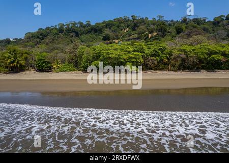 La splendida vista aerea della spiaggia di Uvita nella foresta pluviale del Costa Rica incontra l'oceano Foto Stock
