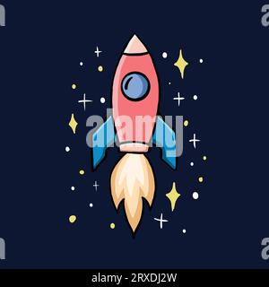 illustrazione vettore razzo spaziale in stile piatto disegnato a mano con stelle Illustrazione Vettoriale