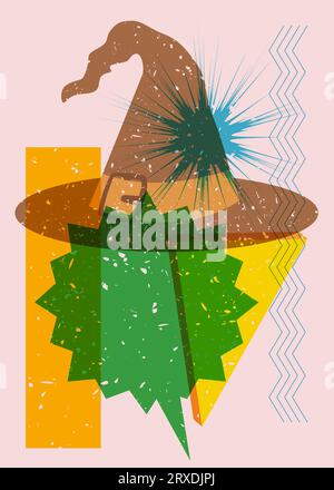 Cappello da strega Halloween Risograph con bolla vocale e forme geometriche. Vacanze in stile grafico riso alla moda. Illustrazione Vettoriale
