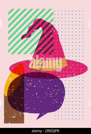 Cappello da strega Halloween Risograph con bolla vocale e forme geometriche. Vacanze in stile grafico riso alla moda. Illustrazione Vettoriale