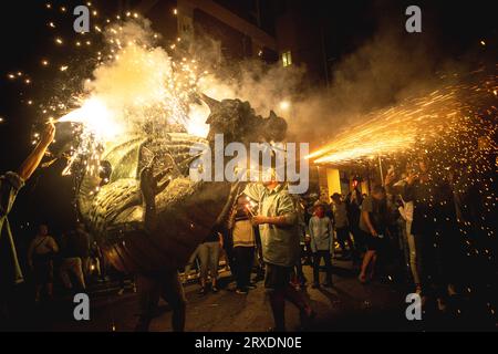 Tarragona, Spagna. 25 settembre 2023. I 'Correfocs' (fuochi d'artificio) scatenarono i loro fuochi d'artificio tra una folla entusiasta di spettatori al 'Santa Tecla Festival' di Tarragona. Crediti: Matthias Oesterle/Alamy Live News Foto Stock