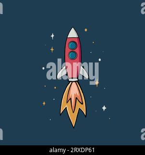 illustrazione vettoriale di razzo nello spazio, astronave disegnata a mano in stile piatto con stelle sullo sfondo Illustrazione Vettoriale