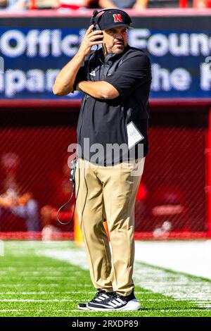 Lincoln, ne. USA 23 settembre 2023. Il capo-allenatore dei Nebraska Cornhuskers Matt Rhule durante una partita di football NCAA Division 1 tra Louisiana Tech Bulldogs e Nebraska Cornhuskers al Memorial Stadium di Lincoln, Nebraska ha vinto 28-14.presenze: 87.115.391esimo sellout consecutivo.Michael Spomer/Cal Sport Media/Alamy Live News Foto Stock