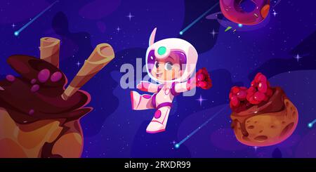 Simpatico astronauta che vola in uno spazio fantastico con pianeti dolci al forno e lampone. Il vettoriale dei cartoni animati sorridente bambino cosmonauta in tuta spaziale e casco galleggiante nel cosmo di candyland Illustrazione Vettoriale