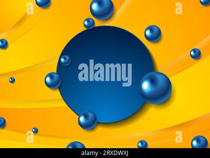 Design grafico ondulato tecnologia astratta blu brillante e arancione con cerchi 3d lucidi. Background aziendale geometrico e futuristico. Illustrazione vettoriale Illustrazione Vettoriale