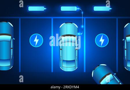 La tecnologia dei veicoli elettrici che utilizza l'elettricità per azionare le batterie nella stazione di ricarica dei veicoli elettrici è energia pulita e contribuisce anche a ridurre Illustrazione Vettoriale