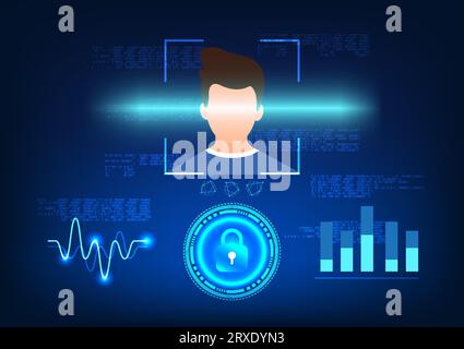 Tecnologia di scansione facciale per accedere a informazioni importanti che richiedono l'identificazione per poter utilizzare è l'immagine di una persona che scansiona il volto Illustrazione Vettoriale