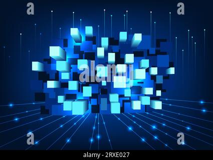 Tecnologia metaversa sfondo forme geometriche quadrate disposte insieme ad elementi di supporto. Rappresenta l'ingresso nel mondo virtuale del gioco. Illustrazione Vettoriale