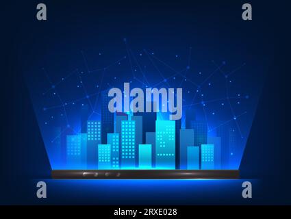 Tecnologia smartphone il telefono cellulare con lo schermo superiore è una città intelligente. Si riferisce a una città intelligente con un sistema di notifica delle informazioni sugli autobus. Publ Illustrazione Vettoriale