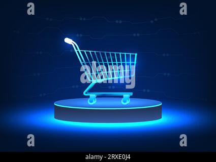 Carrello in cima al podio lo shopping online è disponibile in qualsiasi momento. Aumenta la praticità non dovendo recarsi al punto vendita. Illustrazione Vettoriale