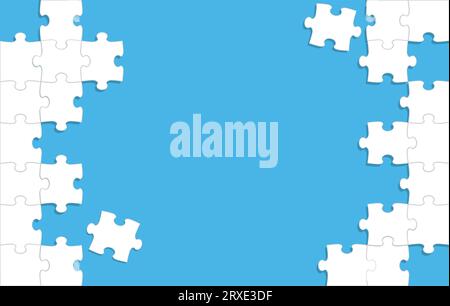 Cornice puzzle bianca e modello di sfondo su sfondo blu. Illustrazione vettoriale. Illustrazione Vettoriale
