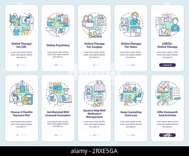Descrizione dettagliata della terapia online con icone lineari Illustrazione Vettoriale