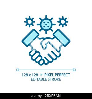 Stretta di mano blu con linea sottile personalizzabile 2D con icona virus Illustrazione Vettoriale