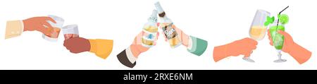 Mani umane applaude alcol bere bicchiere set Illustrazione Vettoriale