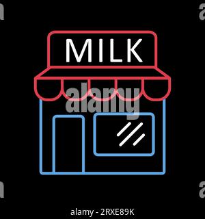 Icona vettore facciata negozio caseario su sfondo nero. Cartello prodotto lattiero-caseario. Simbolo grafico per la progettazione di siti Web e app per cucinare, logo, app, interfaccia utente Illustrazione Vettoriale