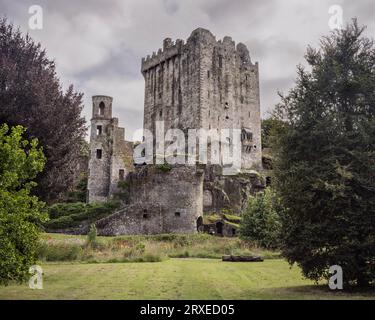 Fortezza medievale del castello di Blarney una rovina parziale vicino a Cork, Irlanda, con un bellissimo giardino in primo piano e un cielo nuvoloso e luminoso nello sfondo Foto Stock