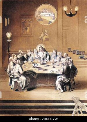 L'ultima cena, istituzione della Santa Eucaristia. Illustrazione colorata per la vita di nostro Signore Gesù Cristo scritta dai quattro evangelisti, 1853 Foto Stock