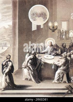 L'ultima cena, Giuda esce per completare il suo tradimento di Gesù. Illustrazione colorata per la vita di nostro Signore Gesù Cristo scritta dai quattro evangelisti, 1853 Foto Stock