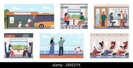 Passeggeri in diversi trasporti urbani. I viaggiatori di navi, autobus o treni, le persone si spostano a lunga distanza, seduti e in piedi. Trasporto urbano Illustrazione Vettoriale