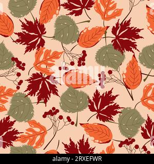Colorato motivo autunnale senza cuciture con foglie e bacche disegnate a mano. Illustrazione Vettoriale