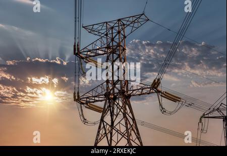 Isolatori per sospensioni e isolatori di deformazione montati sui pali in un sistema di distribuzione ad alta tensione al tramonto Foto Stock