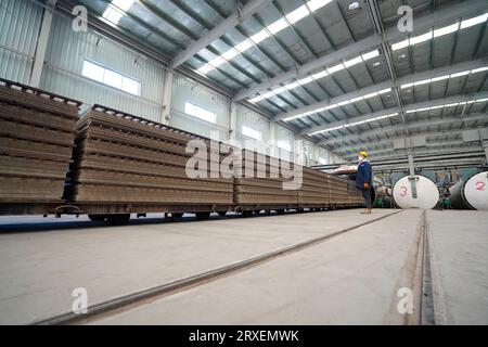 Luannan, Cina - 13 febbraio 2023: I lavoratori controllano le attrezzature di trazione per il trasporto di nuovi materiali da costruzione - pannelli silicati di calcio - da autoclavi Foto Stock