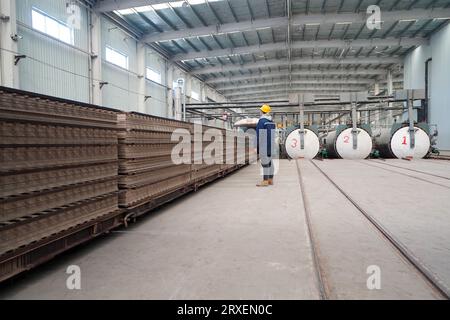 Luannan, Cina - 13 febbraio 2023: I lavoratori controllano le attrezzature di trazione per il trasporto di nuovi materiali da costruzione - pannelli silicati di calcio - da autoclavi Foto Stock