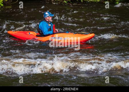 Kayak sulle rapide del fiume Dee alle Town Falls di llangollen, Galles del Nord. Foto Stock