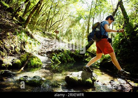 Un'escursionista donna che attraversa un torrente. Foto Stock