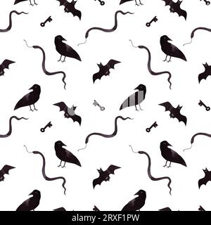 Modello senza cuciture. Animali del mago: raven, serpente, pipistrello e chiavi. Carta da imballaggio per Halloween. Decorazioni autunnali. Illustrazione acquerello per tessuto e W Foto Stock