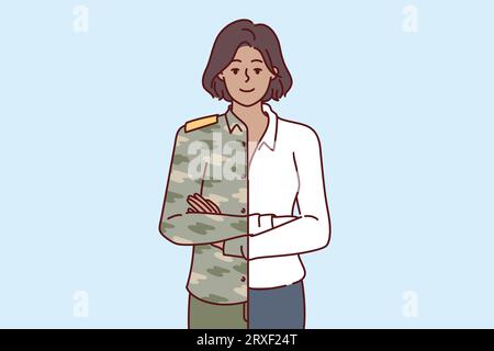 La donna è vestita in uniforme militare e abbigliamento da lavoro allo stesso tempo, per il concetto di cambiamento di carriera dopo aver prestato servizio nell'esercito. Una ragazza manager della compagnia militare sta con le armi incrociate. Illustrazione Vettoriale