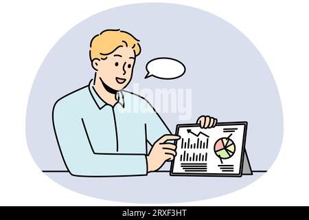Uomo d'affari che mostra la presentazione sul dispositivo PAD. Sorridente allenatore o allenatore maschile presentare un progetto di business finanziario su tablet. Illustrazione vettoriale. Illustrazione Vettoriale