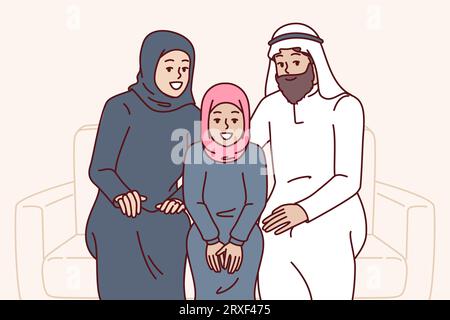La famiglia araba siede sul divano insieme alla figlia, vestita con hijab o kandura islamici. Gli arabi sorridono in posa sul divano e invitano a visitare l'Arabia Saudita o il Qatar con un viaggio turistico Illustrazione Vettoriale