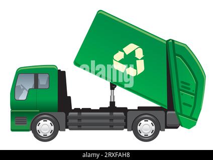 Immagine della vista laterale del veicolo da riciclaggio Vector Green isolata su sfondo bianco. Illustrazione Vettoriale