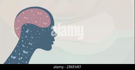 Concetto di salute mentale. Silhouette della testa.personalità divisa. Disturbo dell'umore - metafora disturbo bipolare bruciore mentale o emotivo. Psicologico o. Illustrazione Vettoriale