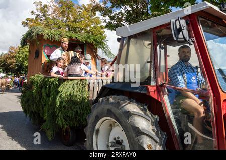 Un trattore tira il carrello, una famiglia vestita di costumi suona musica nella parata di Almabtrieb Foto Stock
