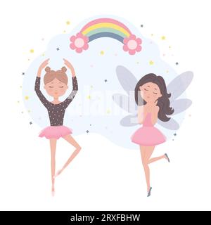 Ballerina e balli da favola, personaggi da favola. Illustrazione vettoriale dei cartoni animati piatti Illustrazione Vettoriale