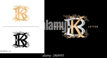 BK o KB lettere iniziali K e B in stile annata con colori oro e argento adatti a un'azienda o a un'azienda con sfondi di colore isolati Illustrazione Vettoriale
