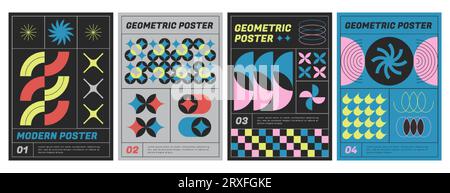 Modern aesthetics posters collection with abstract geometric shapes. Brutalist art style vector flyers with color graphic elements, basic figures and headers. Covers template with trendy prints. Illustrazione Vettoriale