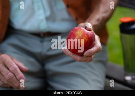 Uomo anziano seduto nel parco e con in mano una mela rossa. Foto Stock