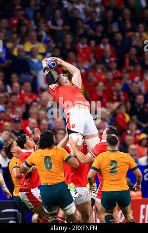 Lione, Francia. 24 settembre 2023. Will Rowlands n. 4 del Galles durante la partita di Rugby World Cup Pool C tra Galles e Australia allo Stade de Lyon il 24 settembre 2023 a Lione, in Francia. Foto di Baptiste Paquot/ABACAPRESS.COM credito: Abaca Press/Alamy Live News Foto Stock