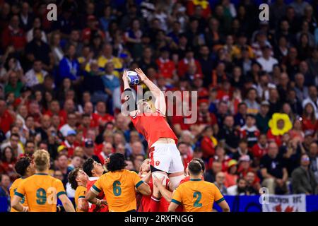 Lione, Francia. 24 settembre 2023. Will Rowlands n. 4 del Galles durante la partita di Rugby World Cup Pool C tra Galles e Australia allo Stade de Lyon il 24 settembre 2023 a Lione, in Francia. Foto di Baptiste Paquot/ABACAPRESS.COM credito: Abaca Press/Alamy Live News Foto Stock