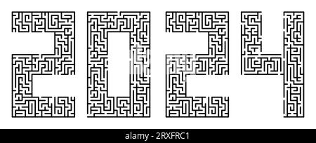 Capodanno 2024, numeri scritti in caratteri composti da labirinti di linee. Cifre astratte del nuovo anno. Elemento di progettazione labirinto. iso vettoriale semplice in bianco e nero Illustrazione Vettoriale