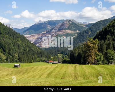 Prato appena tagliato di fronte all'Eisenerzer Reichenstein e all'Erzberg, Eisenerzer Ramsau, vicino a Eisenerz, Stiria, Austria Foto Stock