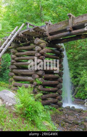 Mingus Mill nel Great Smoky Mountains National Park nel North Carolina. Questo mulino a turbina del 1886 trita il mais in farina e il grano in farina. Foto Stock