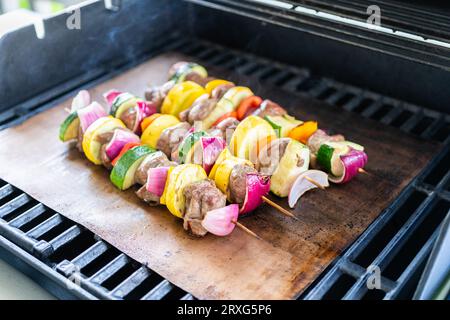 Delizie alla griglia: Manzo e verdure sfrigolanti sullo spiedino Foto Stock