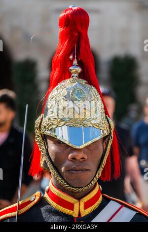 Londra, Regno Unito. 25 settembre 2023. Un membro dei Blues and Royals, parte della Household Cavalry, in guardia alle Horse Guards. Crediti: Guy Bell/Alamy Live News Foto Stock