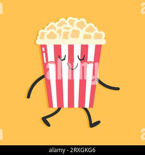 Il simpatico personaggio dei popcorn dei cartoni animati sta camminando. Piatto. Illustrazione vettoriale Illustrazione Vettoriale