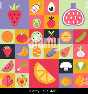Ripetizione geometrica astratta. Frutta e verdura in stile Bauhaus. Illustrazione Vettoriale