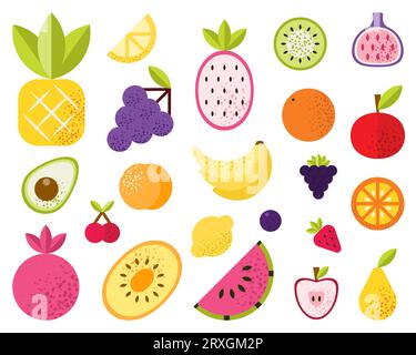 Set di frutti tropicali isolati e bacche. Illustrazione Vettoriale